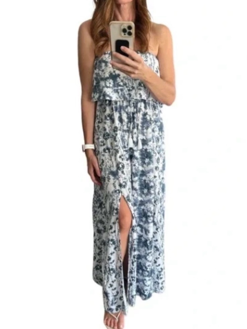Japna Women Strapless Blue Tie Dye Maxi Dress with Front Slit Size L Boho Style